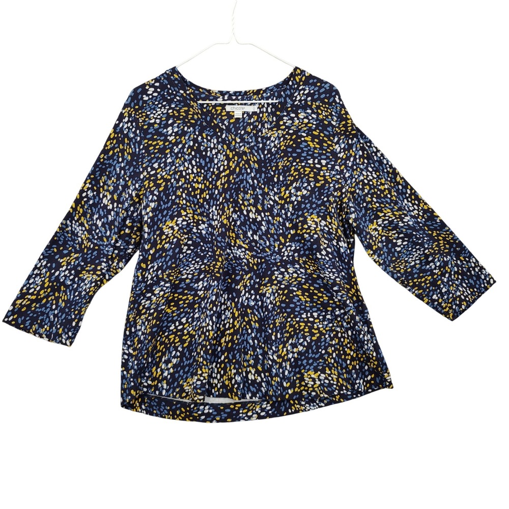 Chico's Women Artful Abstract 3/4 Sleeve V-Neck Top 3 XL Navy Yellow Dot Pima